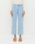 Molly Workwear Jean in light blue denim, Ash Pointelle Cardigan in cream cotton, and Joni Khaki Studded Sandal.