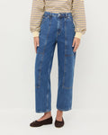 Molly Workwear Jean in medium wash blue denim, Scout Long-Sleeve Top in butter yellow, and Noelle Brown Suede Ballet Flat.
