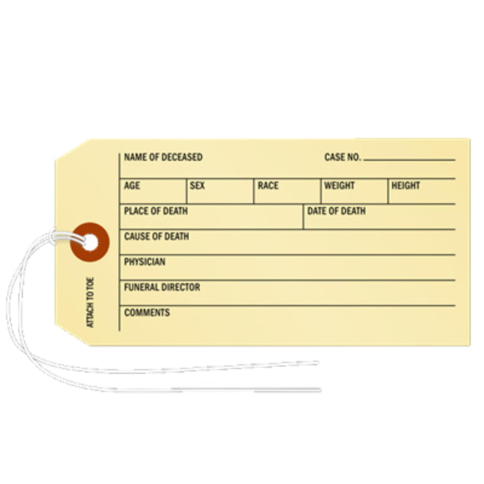 Mortuary toe tags used in funeral service operations, from lynch supply