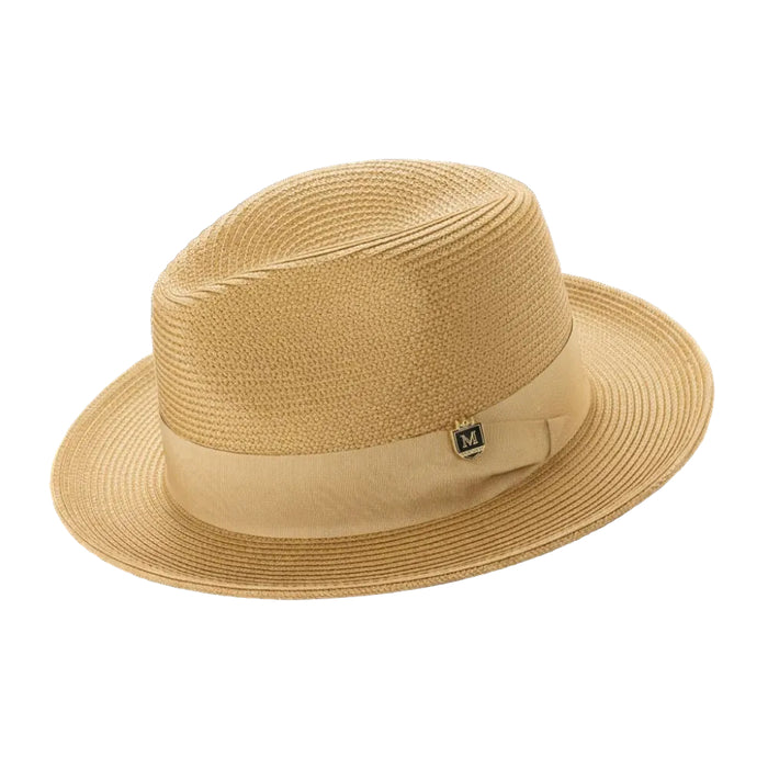 Mustard braided wide brim pinch fedora with grosgrain ribbon
