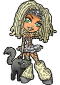 A stylized cartoon illustration of a girl with long blonde dreadlocks, green eyes, and tattoos, wearing a silver corset dress and furry boot covers, standing next to a black cat on a plain white background.