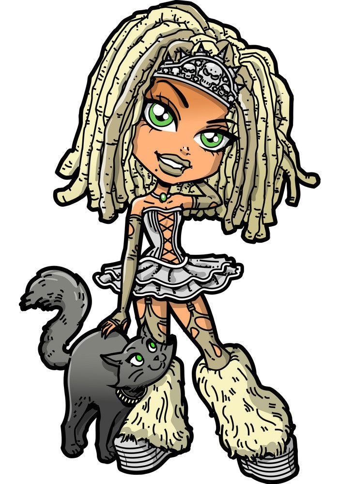 A stylized cartoon illustration of a girl with long blonde dreadlocks, green eyes, and tattoos, wearing a silver corset dress and furry boot covers, standing next to a black cat on a plain white background.