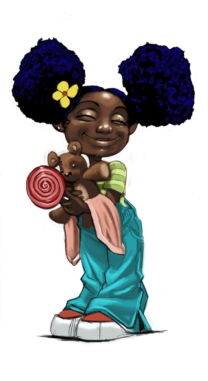 A stylized cartoon illustration of a smiling Black child with two dark purple puffs, holding a teddy bear and a pink lollipop, wearing a teal dress and white sneakers on a plain white background.