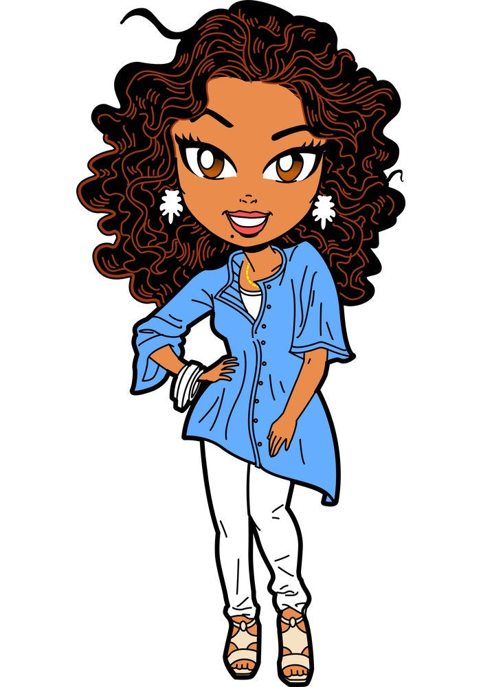 A cartoon-style illustration of a woman with long curly brown hair, wearing a light blue button-up shirt, white pants, and brown sandals, with white flower earrings, on a plain white background.
