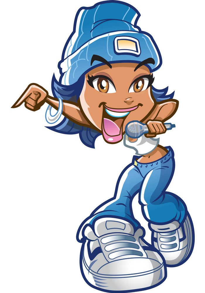 A cartoon-style illustration of a smiling woman with blue hair wearing a blue beanie, blue jeans, and white sneakers, holding a microphone and pointing, on a plain white background.