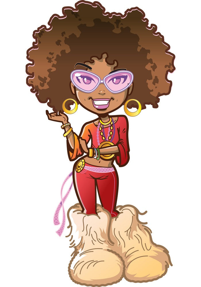 A cartoon-style illustration of a smiling woman with a large afro hairstyle, pink-tinted glasses, gold hoop earrings, layered necklaces, bracelets, and a pink sash, standing on oversized beige boots against a plain white background.