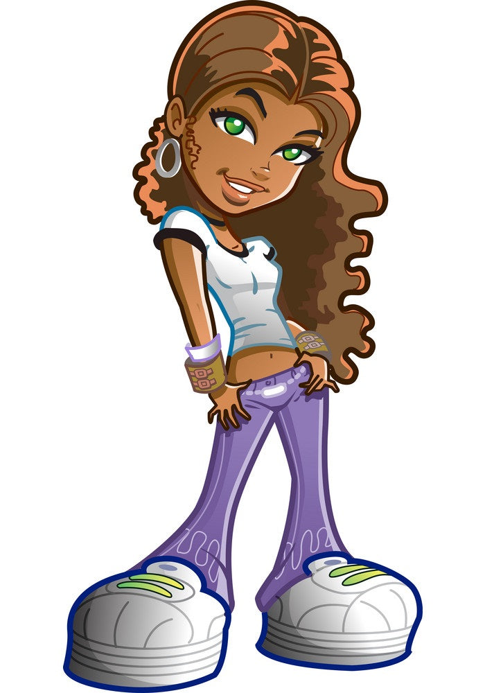 A cartoon-style illustration of a young woman with long wavy brown hair, green eyes, and a white top, wearing purple leggings and oversized white sneakers with green laces, shown on a plain white background.