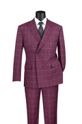 Naples Collection - Wine Modern Fit Double Breasted Windowpane Peak Lapel 2 Piece Suit