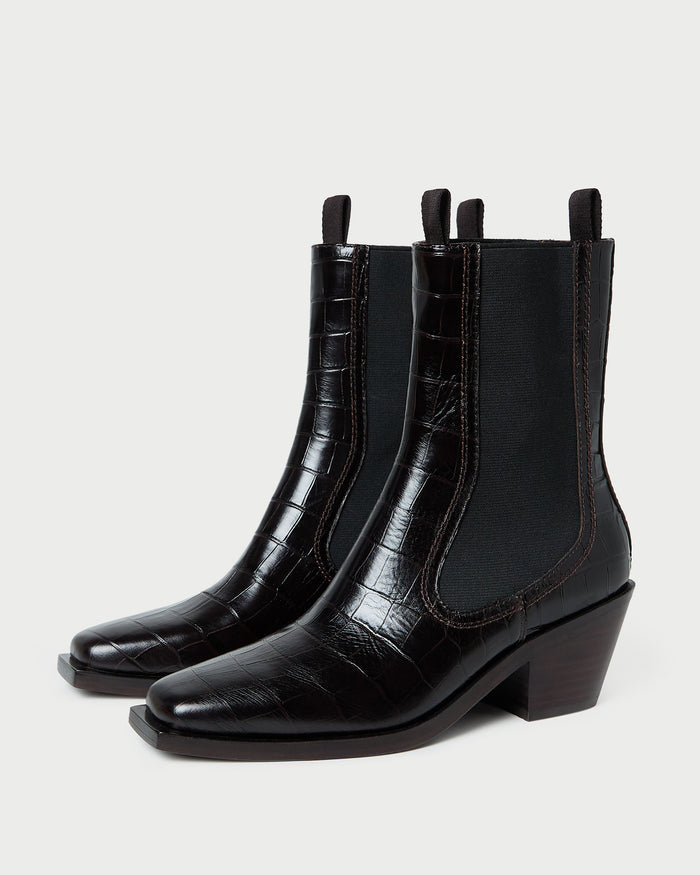 Nat Crocodile Leather Ankle Boot in crocodile black leather.