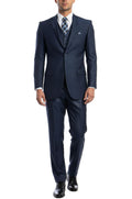 Navy blue modern fit 3 piece men's suit with V-neck vest