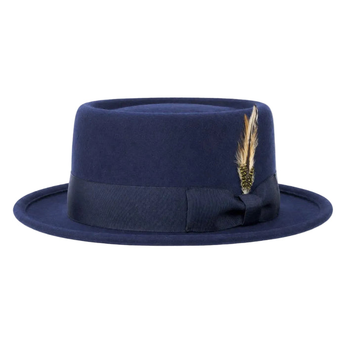 Navy pork pie felt fedora with feather accents