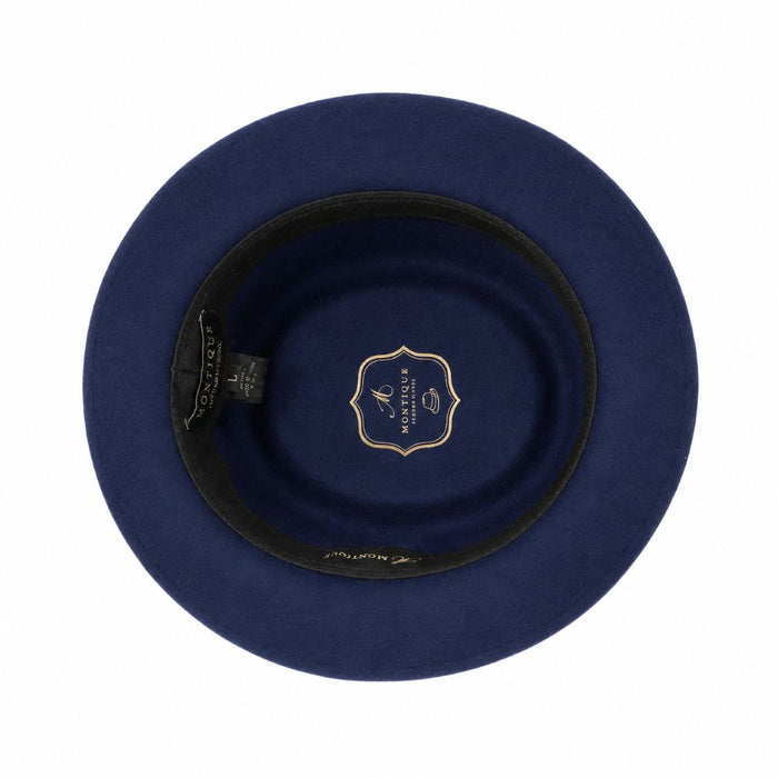 Top view of navy pork pie felt fedora interior