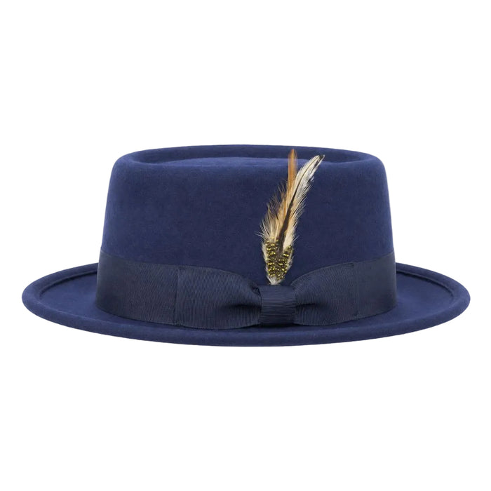 Navy pork pie felt fedora with ribbon band bow and feather accents