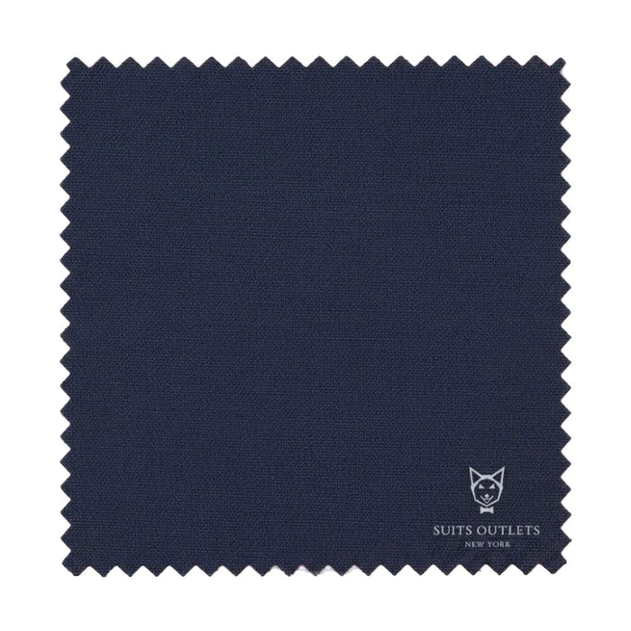 Navy fabric swatch with 'Suits Outlets New York' logo
