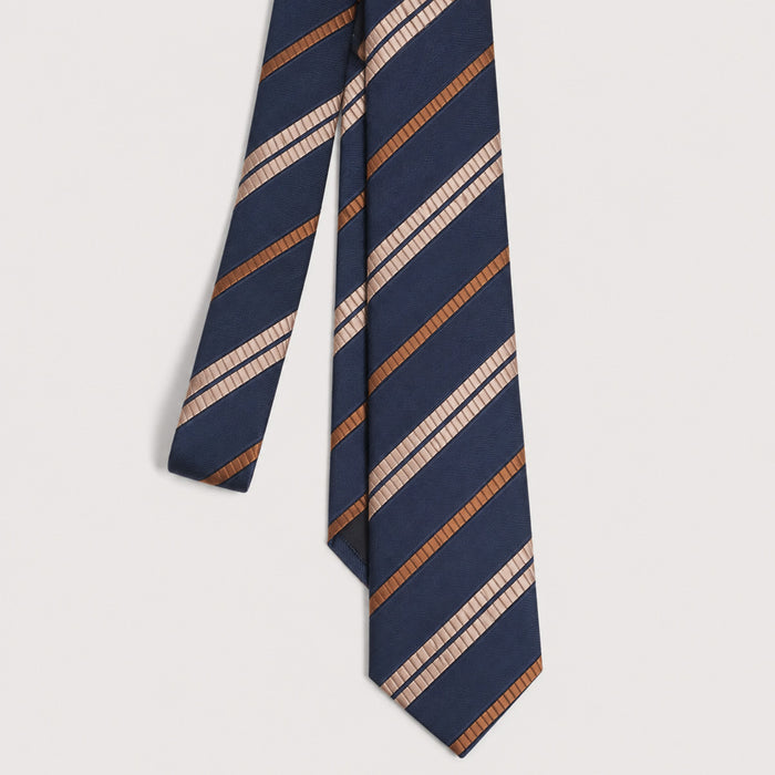 Navy men's necktie with diagonal tan brown and cream textured stripes