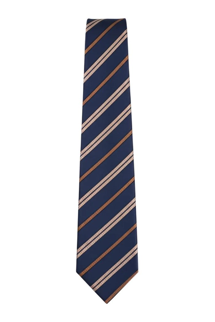 Navy tie with diagonal brown and tan stripes