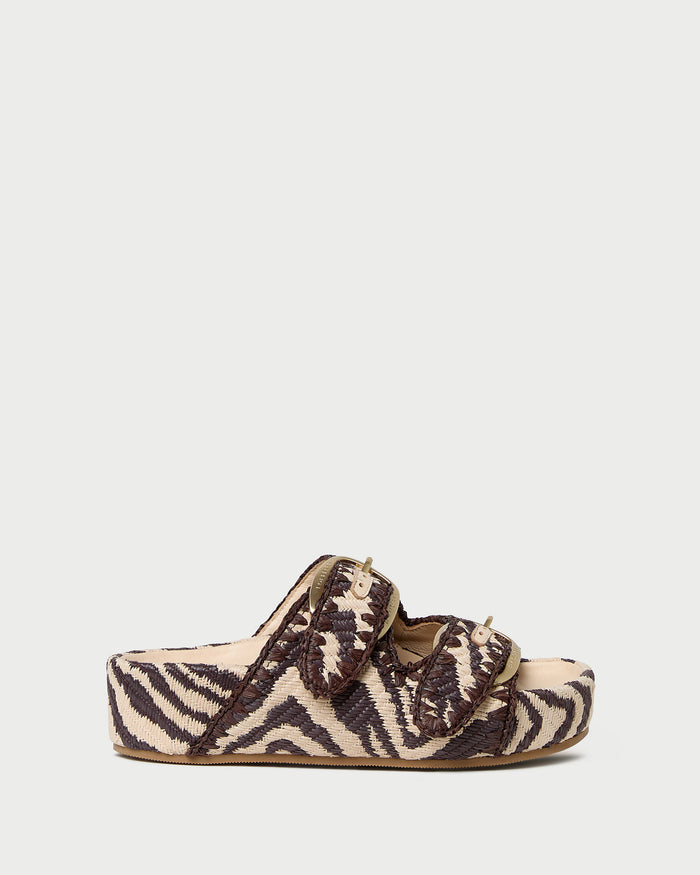 Nico Zebra Two-Band Sandal in zebra print woven cotton fabric.