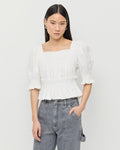 Nicola Smocked Blouse in white cotton and Molly Workwear Jean in grey denim.