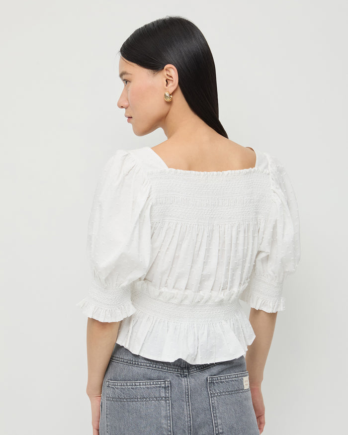 Nicola Smocked Blouse in white cotton and Molly Workwear Jean in grey denim.