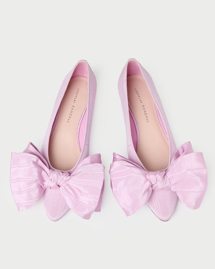 Noa Pink Moiré Bow Flat in powder pink moiré.