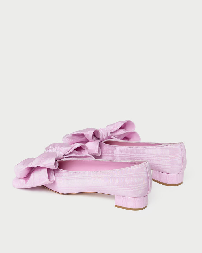 Noa Pink Moiré Bow Flat in powder pink moiré.