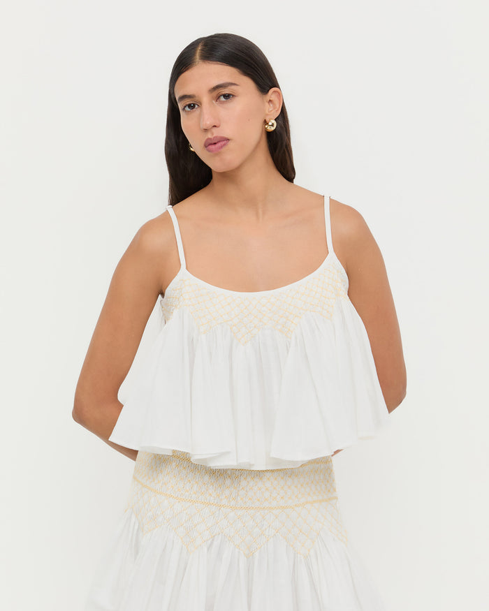 Nola Top in cream cotton and Florrie Mini Skirt in cream cotton.