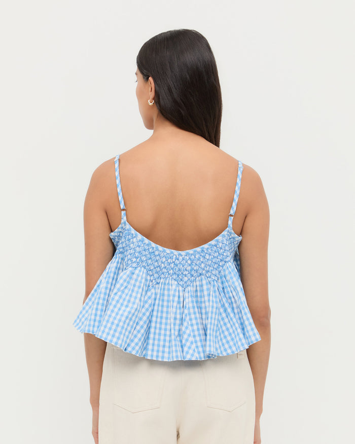 Nola Top in blue gingham cotton and Demi Embroidered Pant in natural cotton.