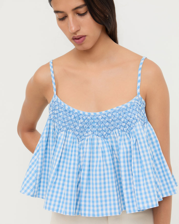 Nola Top in blue gingham cotton.