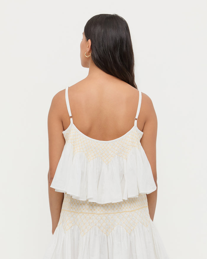 Nola Top in cream cotton and Florrie Mini Skirt in cream cotton.