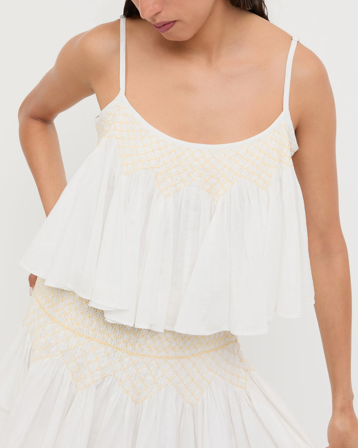 Nola Top in cream cotton and Florrie Mini Skirt in cream cotton.