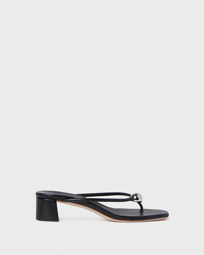 Odessa Black Leather Heeled Sandal in black leather with a silver ball accent.