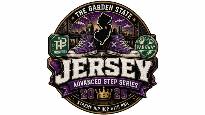 A circular graphic logo for 'The Garden State Jersey Advanced Step Series 2026' featuring purple sneakers, a silhouette of New Jersey, and city elements on a white background.