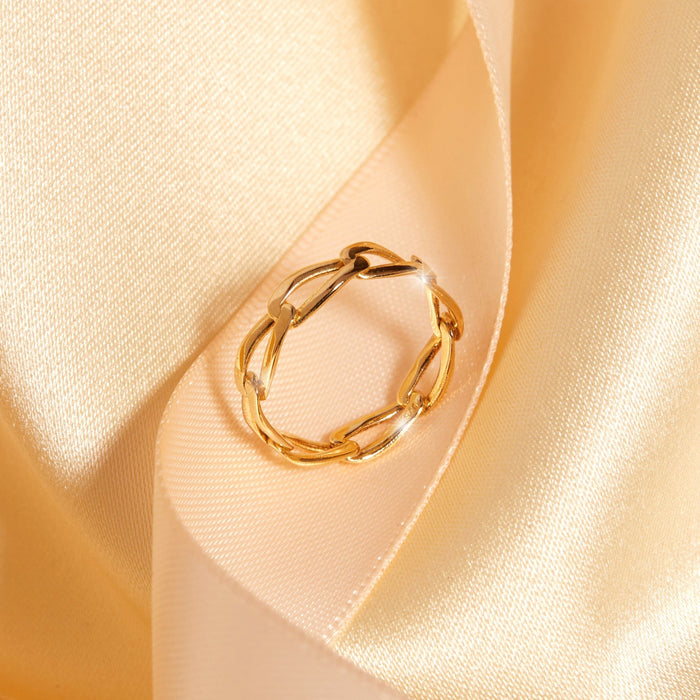 Flatlay Model. Gold linked ring on yellow background