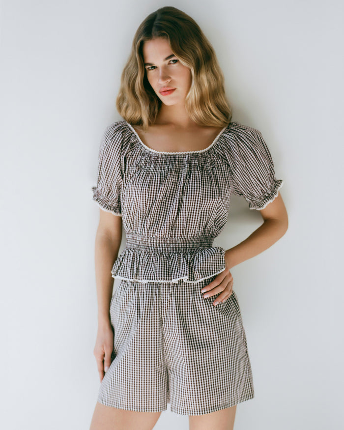 Ottie Top in dark brown/cream gingham cotton and Moxie Short in dark brown/cream gingham cotton.