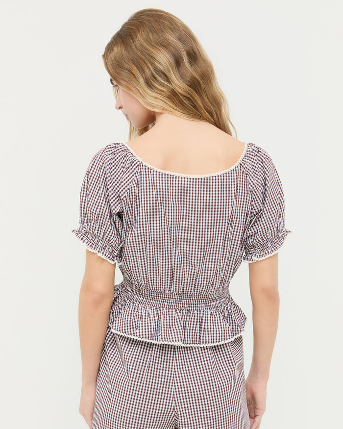 Ottie Top in dark brown/cream gingham cotton and Moxie Short in dark brown/cream gingham cotton.