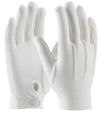 A pair of white cotton gloves with a button closure on the wrist, shown against a plain white background.