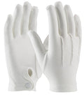 A pair of white cotton gloves with a button closure on the wrist, shown against a plain white background.