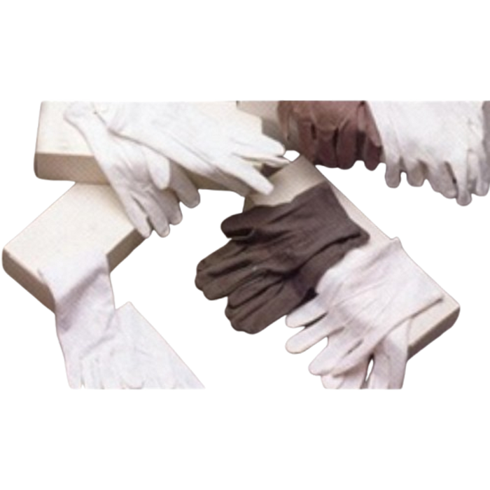 A set of white and dark brown work gloves displayed on light-colored wooden blocks against a plain white background.
