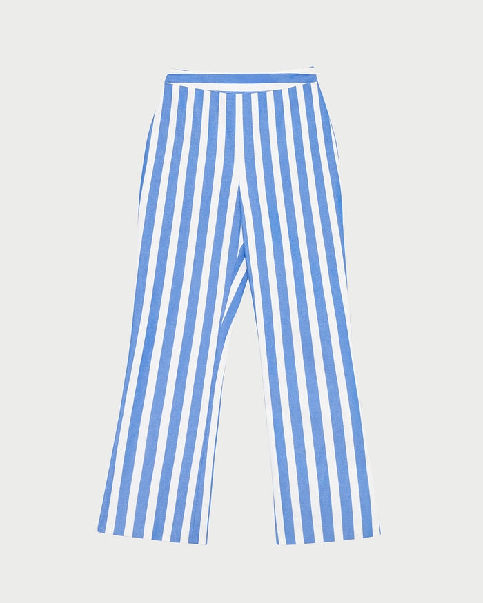 Pasha Trouser in blue and cream stripped cotton-linen.