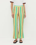 Pasha Trouser in green/yellow/brown striped cotton-linen, Harly Tee in white cotton, and Chase Brown Flip Flop.