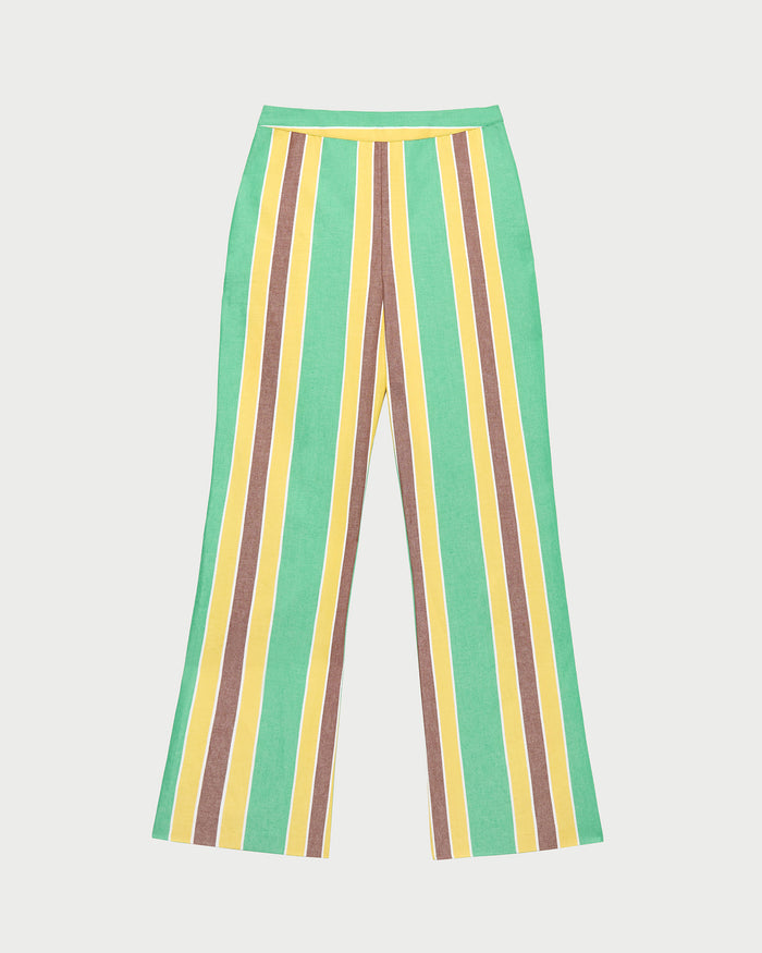 Pasha Trouser in green/yellow/brown striped cotton-linen.