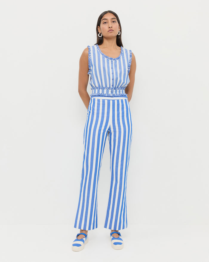 Pasha Trouser in blue and cream stripped cotton-linen, Veda Top in blue and cream stripped cotton, and Cooper Blue Striped Mary Jane Sneaker.