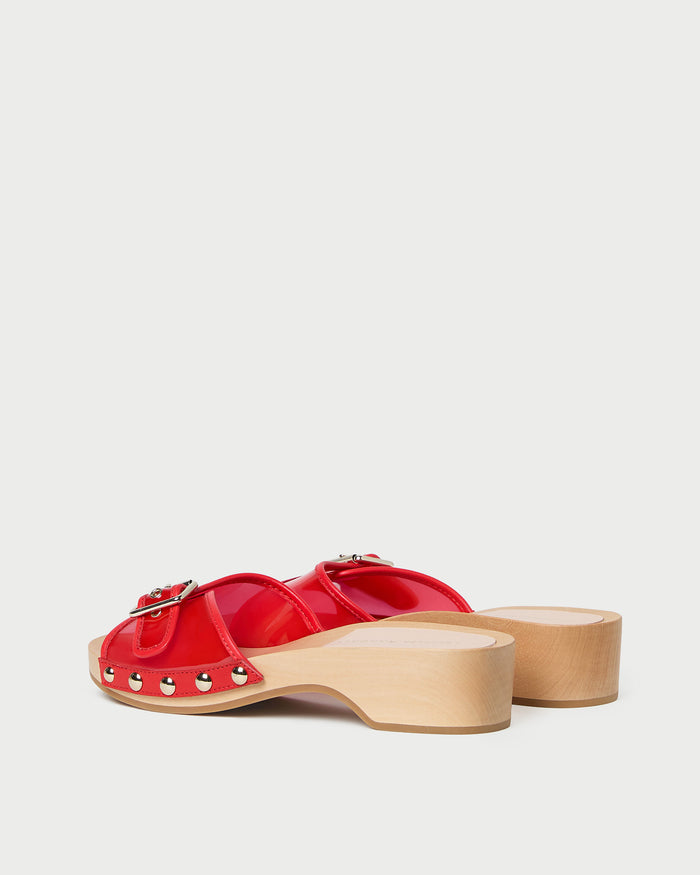 Paulie Red Studded Sandal in red pvc with champagne stud accents.