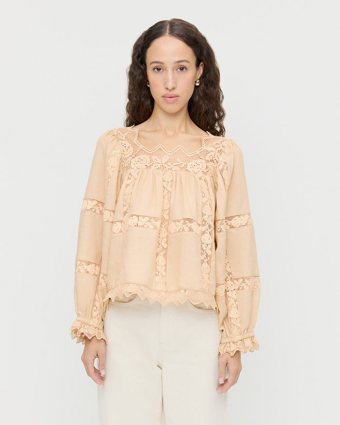 Pauline Embroidered Lace Blouse in tan cotton and Winona Denim Pant in natural denim.