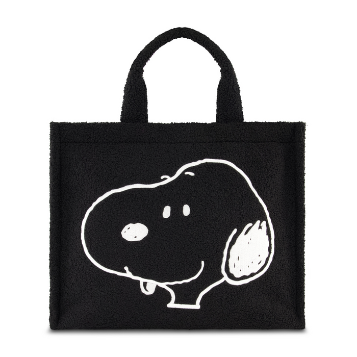 Peanuts Snoopy black tote bag in soft sherpa with trolley strap and adjustable removable shoulder strap