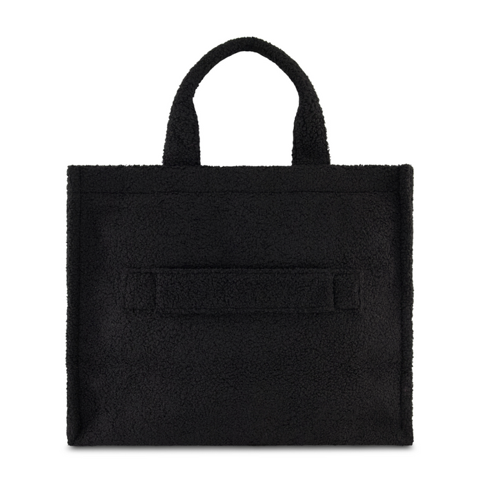 Peanuts Snoopy black tote bag in soft sherpa with trolley strap and adjustable removable shoulder strap