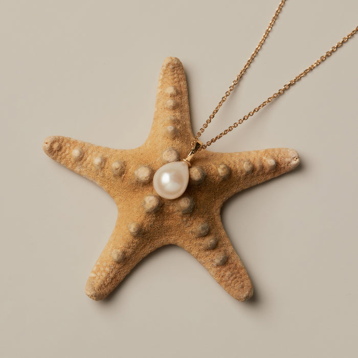 Flatlay Model. Starfish-shaped pendant with a pearl on a beige background
