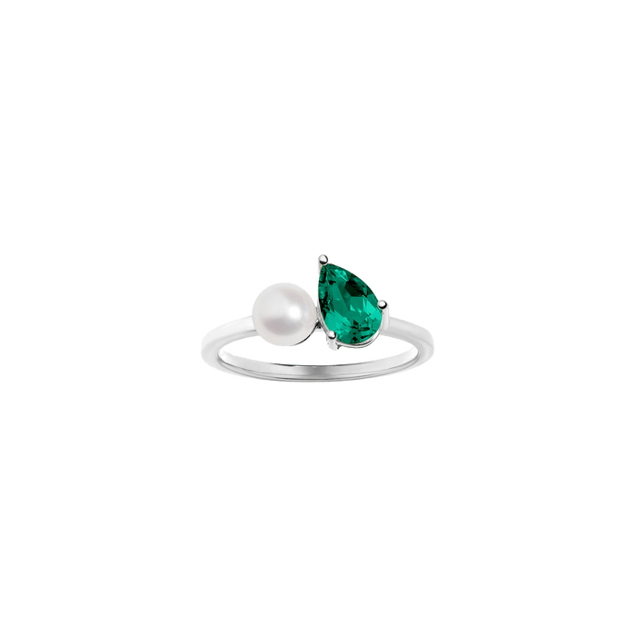 Pearl Toi et Moi Ring Vermeil 14k 18k White Gold Green Emerald First
