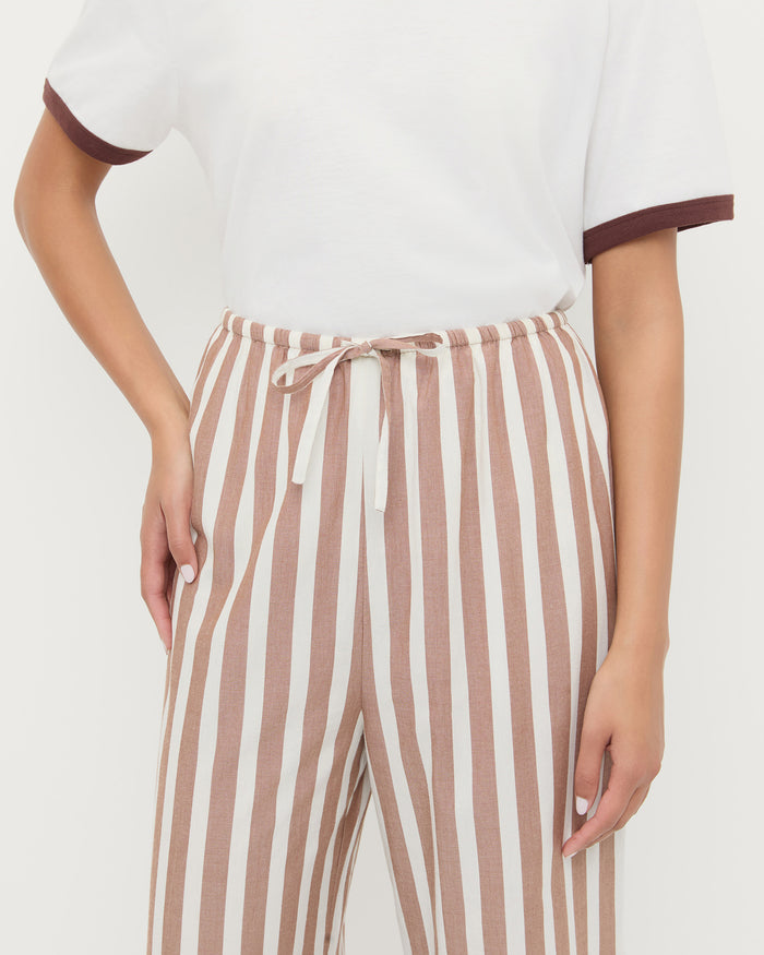 Pella Pant in brown/cream striped cotton and Harly Tee in white cotton.