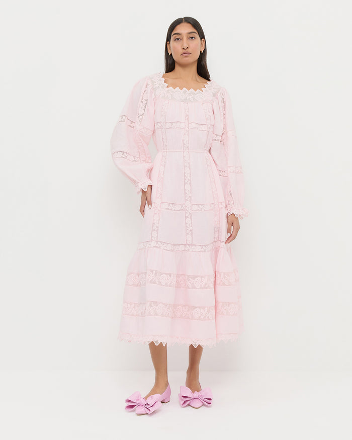 Perrin Dress in pale pink fabric and Noa Pink Moiré Bow Flat.